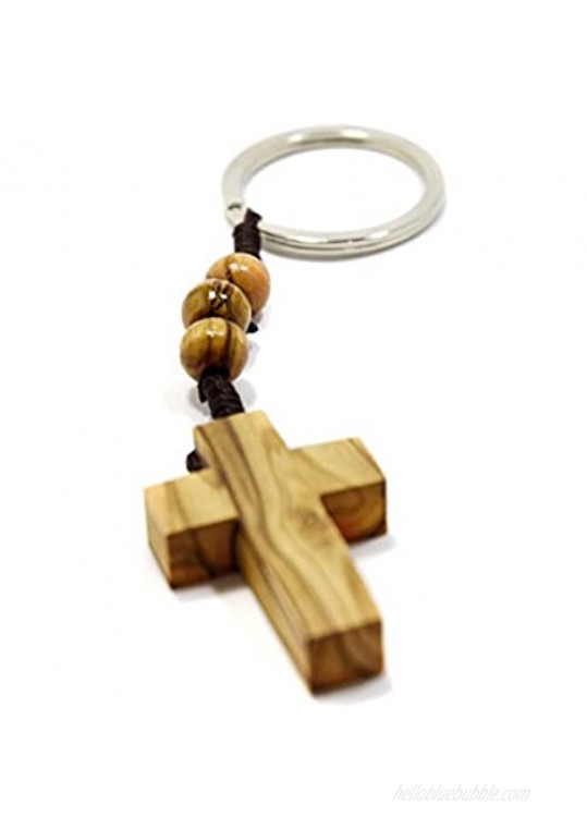 Authentic Olive Wood Cross Keyring with Three Rosary Beads for Faith Hope & Charity