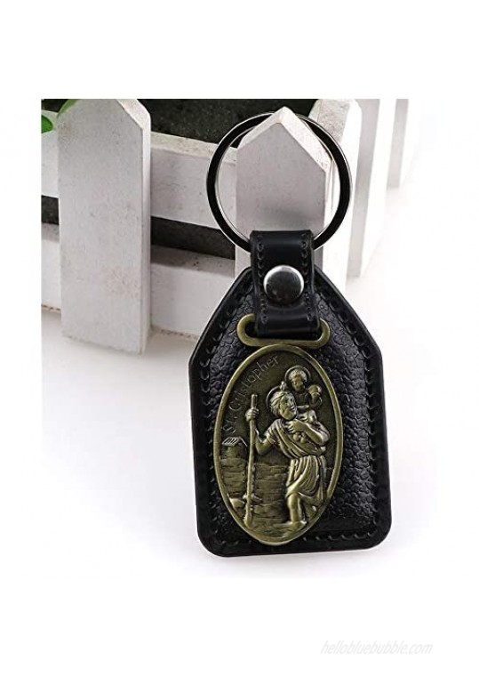 St Christopher Medal for Car Artificial Leather Keychain Drive Safe Keychain Jewelry Alloy Car Key Chain for Men Women Gifts for Men Women YWLI
