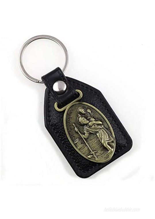 St Christopher Medal for Car Artificial Leather Keychain Drive Safe Keychain Jewelry Alloy Car Key Chain for Men Women Gifts for Men Women YWLI