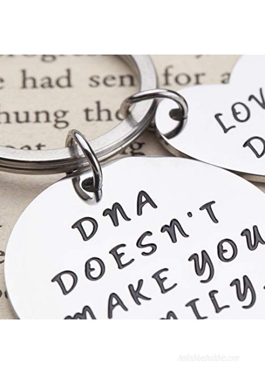 Step Dad Mom Gifts for Stepmother Stepfather Birthday Keychain from Daughter Son for Fathers Mothers Day DNA Doesn't Make Us Family Love Does Parent Gift Wedding Adoption Gift from Kids